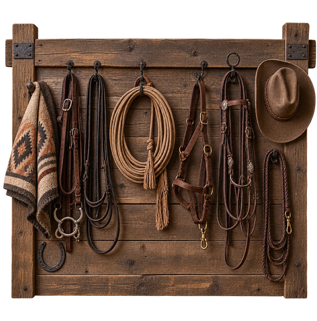 A tack wall: bridles, a coiled lariat, a halter, reins and a hat hanging on weathered barn boards.