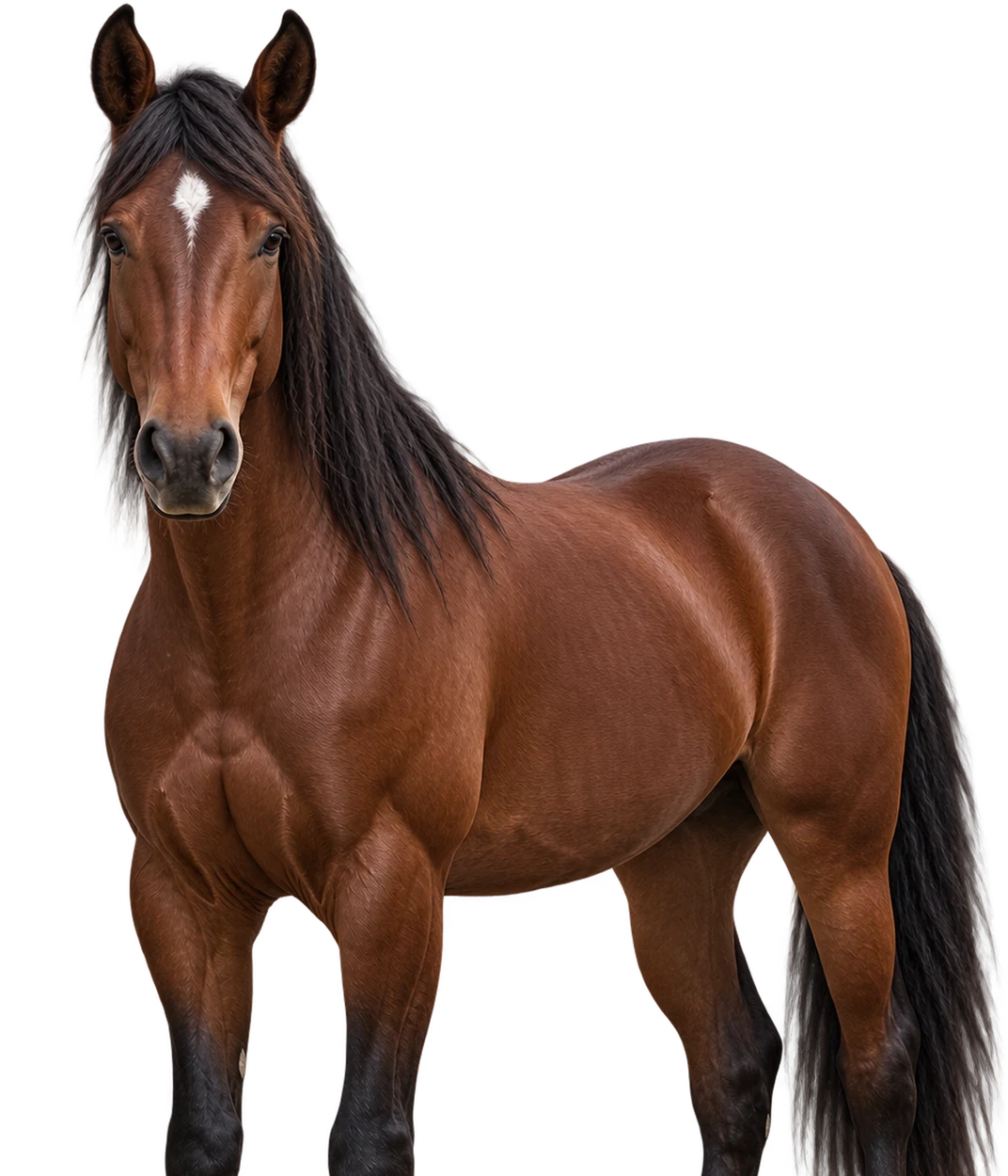 A bay horse standing square, ears forward.